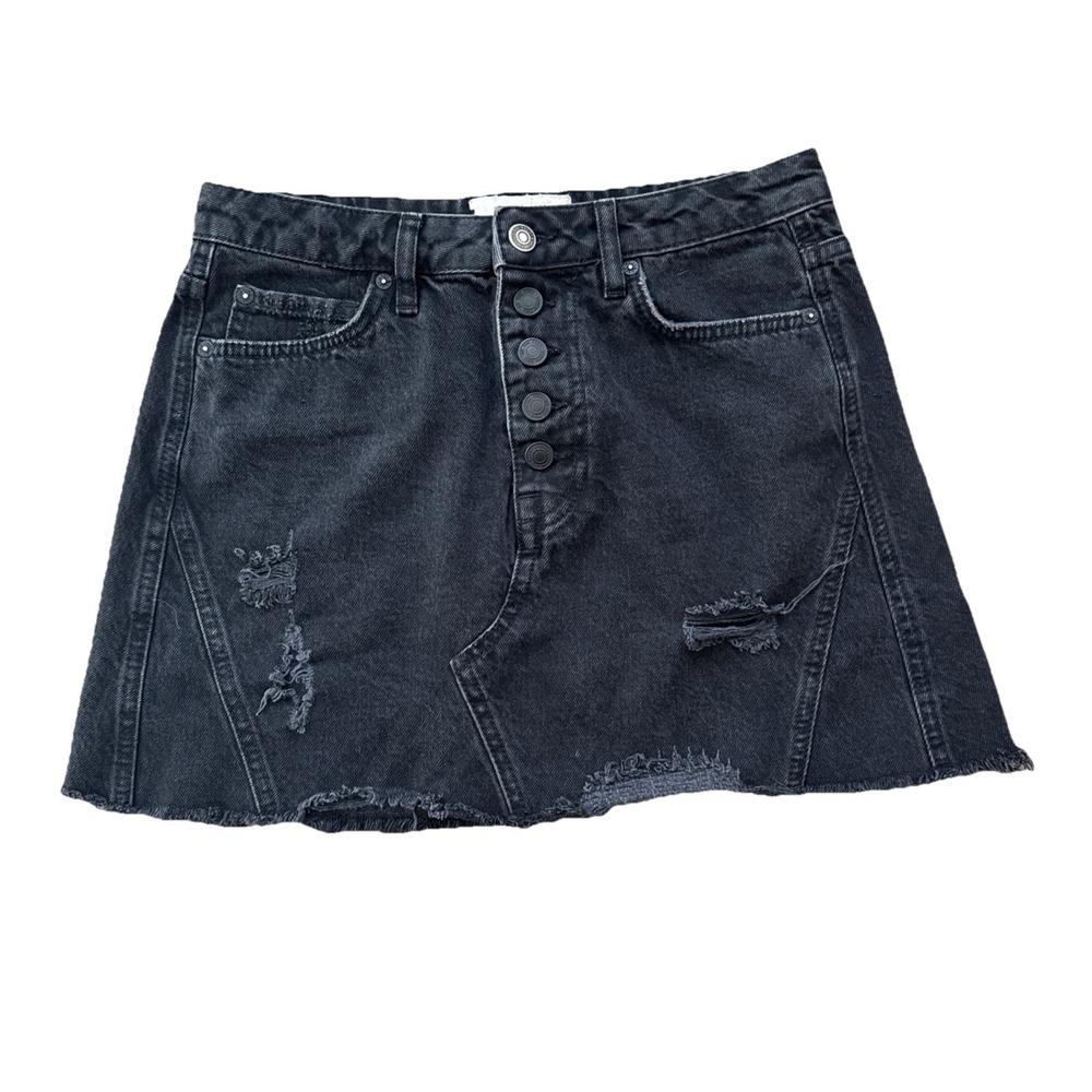 We The Free Free People Black Denim Mini Skirt Distressed Button Fly Size 27